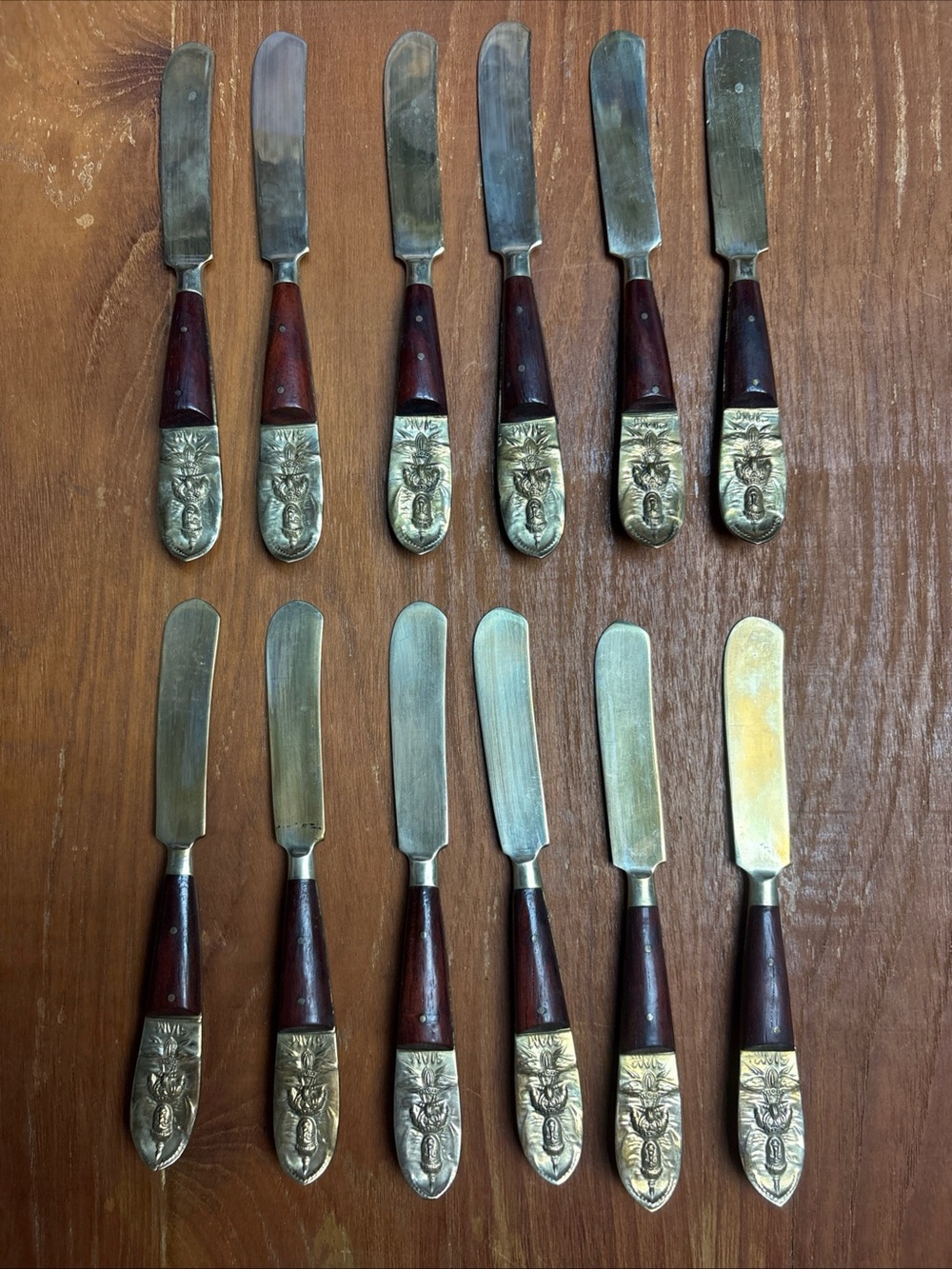 Vintage Siam Thailand Knife Butter Spread 12 Pieces Silverware Brass Wood Handle